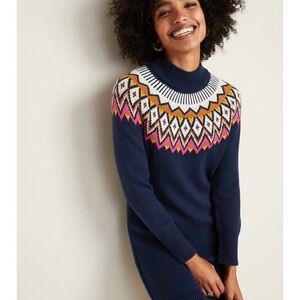 Old Navy Navy Fair Isle Multicolor Patterned Mock Neck Sweater Dress